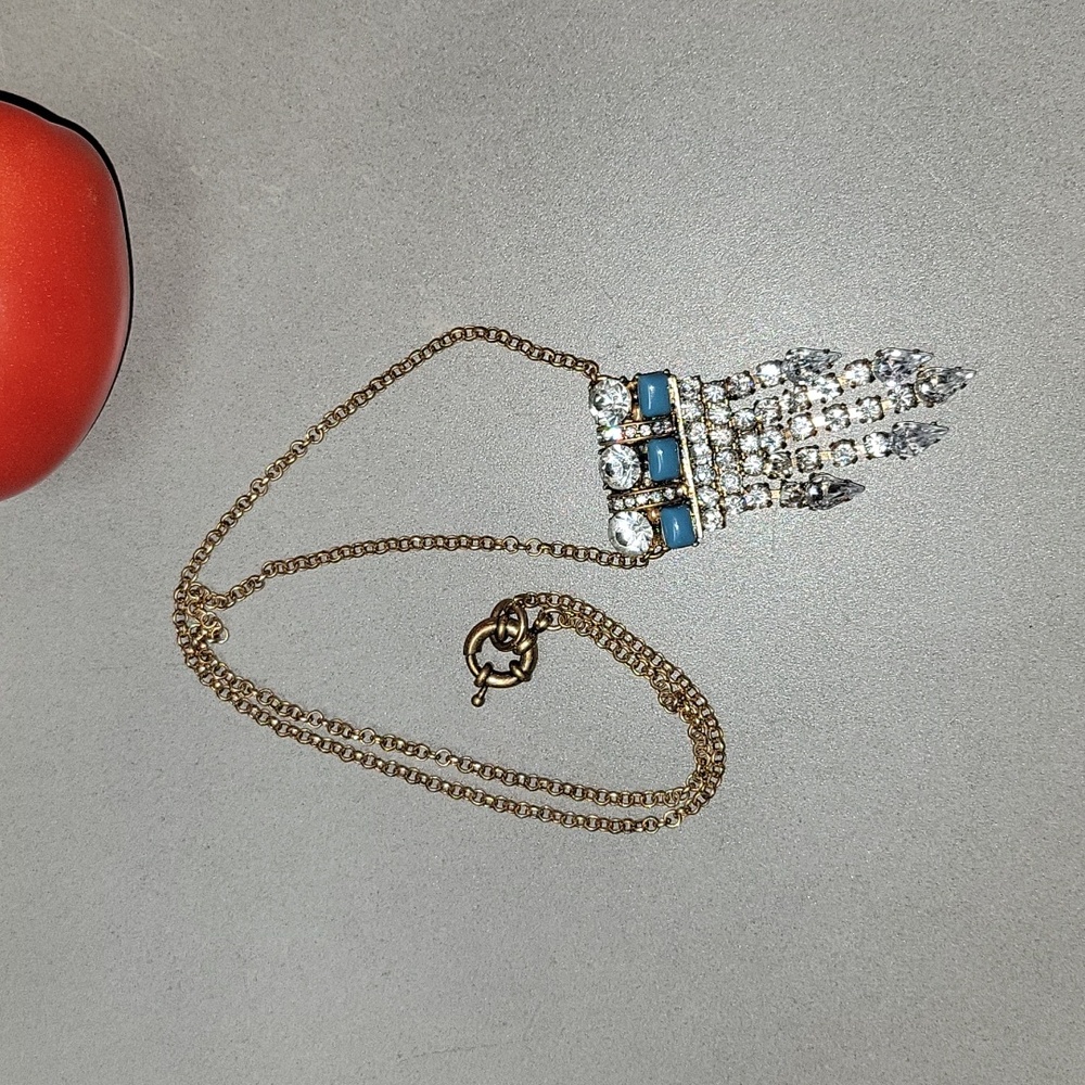 Vintage Art Deco Crystal Tassel Necklace: Turquoise & Rhinestone Gatsby Pendant